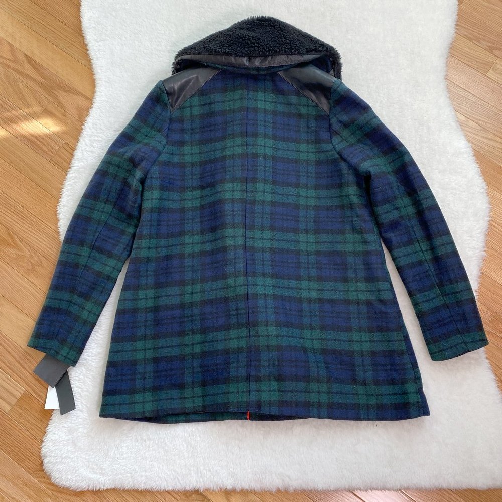 Steve Madden Women's Wool Blend Plaid Coat with Fur Trim, Green/Navy, Size M - Picture 3 of 10
